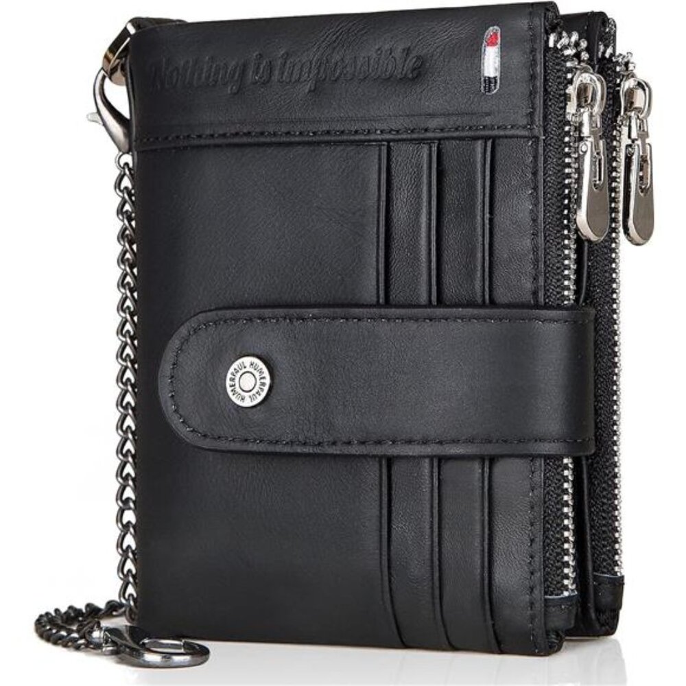 Chain Wallets RFID Wallets for Men Genuine Leather Wallet Zipper Bifold